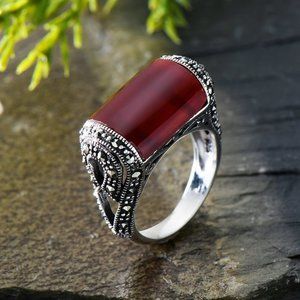 New Gorgeous 925 Silver Marcasite Carnelian Ring